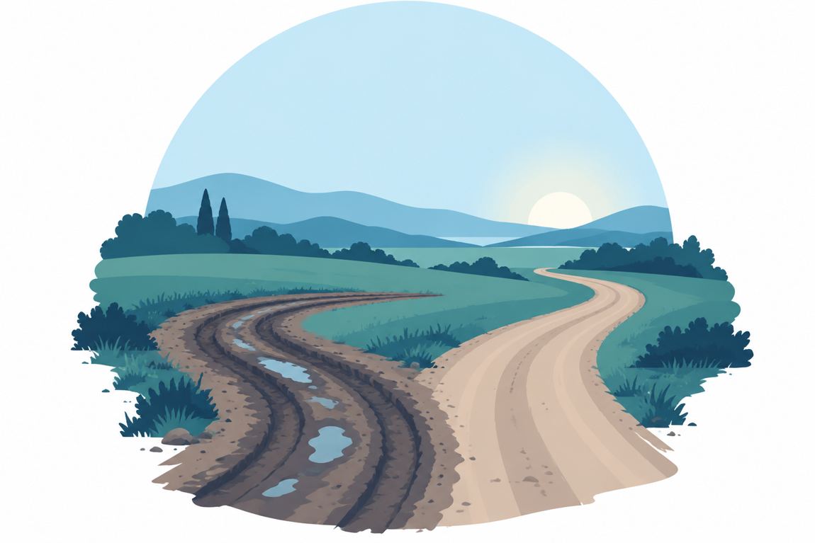 Illustration of a country road with a deep muddy rut beside a smooth new path leading towards the sunrise