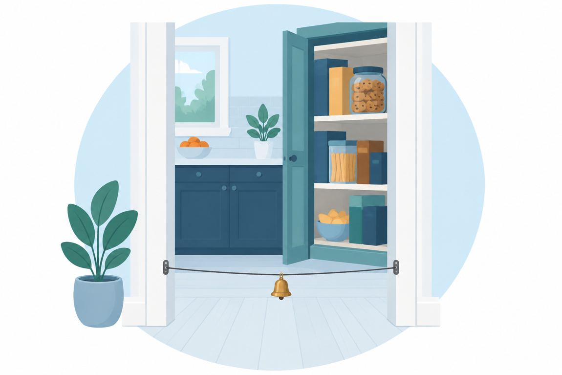 Illustration of a thin wire with a small bell stretched across a kitchen doorway, in front of an open snack cupboard
