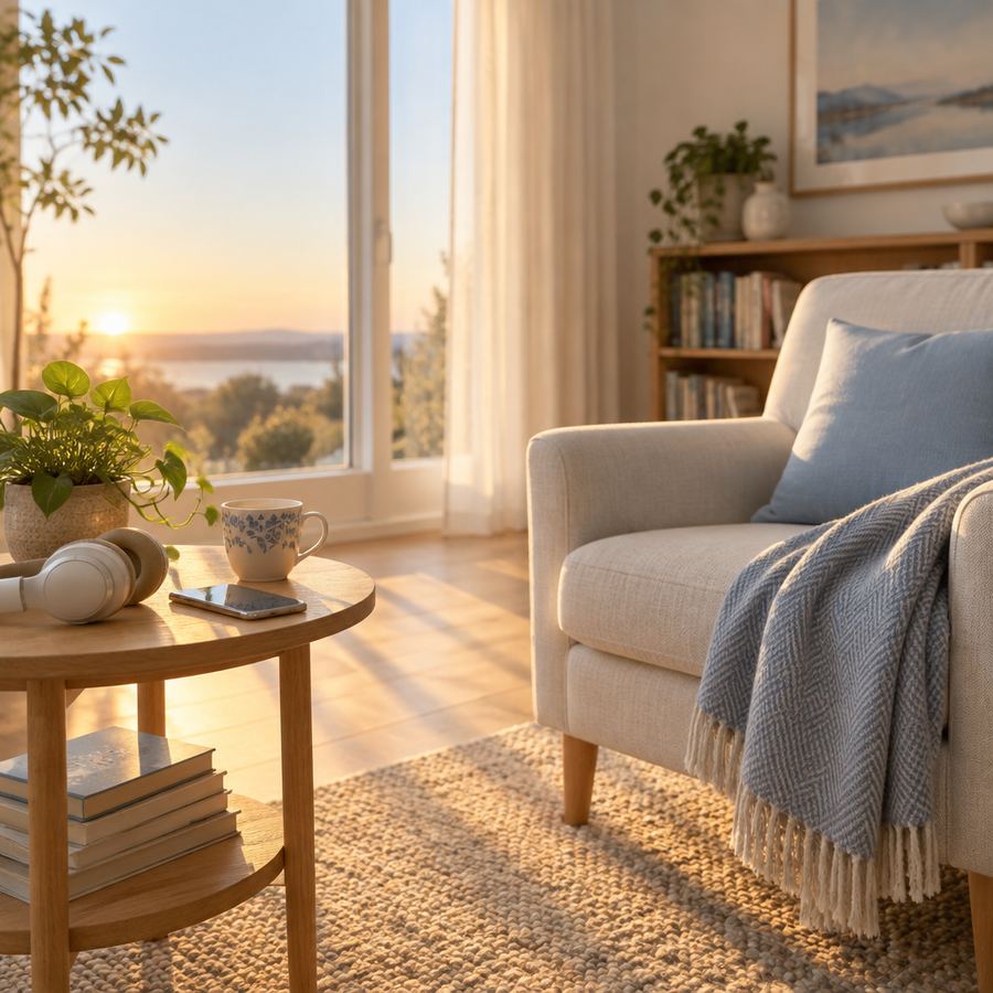 A calm living room at sunrise, with headphones and a phone on a side table beside an armchair