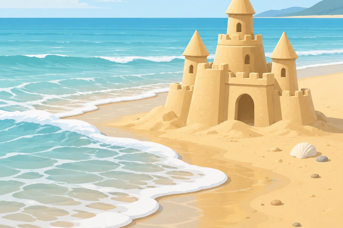 Illustration of a sandcastle on a beach with a wave rolling in towards it