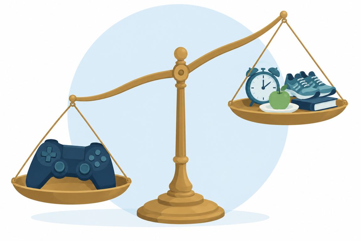 Illustration of a balance scale weighed down by a game controller, with a clock, running shoes, an apple and a book lifted high on the other side