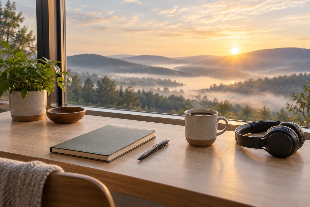 A desk by a window at sunrise, with a notebook, a cup of coffee and headphones