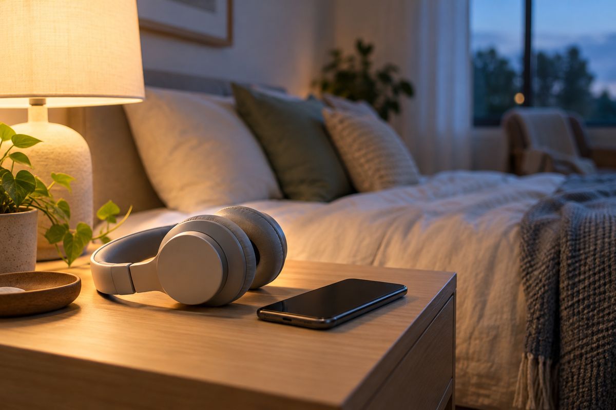 Headphones and a phone on a bedside table in the evening