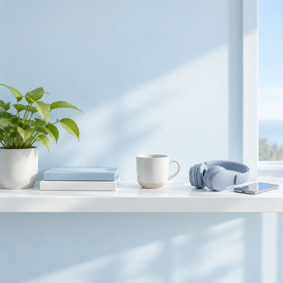 A simple, uncluttered shelf holding a plant, two books, a cup, headphones and a phone