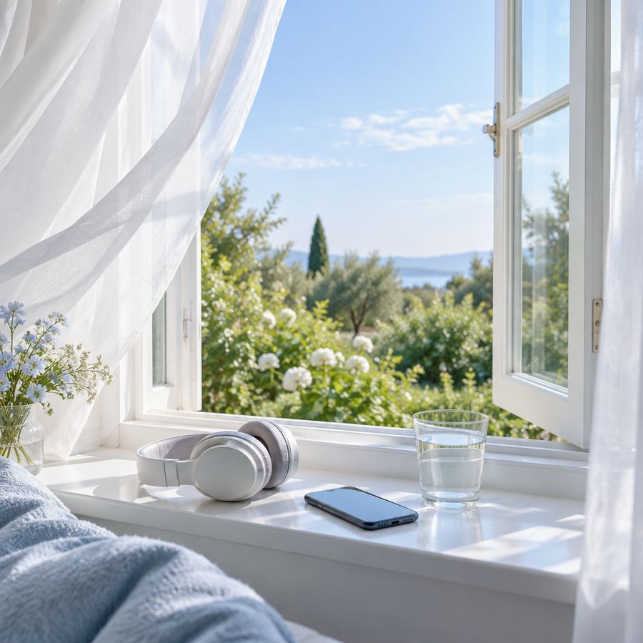 An open window in the morning, with headphones and a phone on the windowsill beside a glass of water