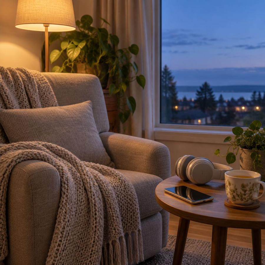 Headphones, a phone and a cup of tea on a side table beside an armchair in the evening