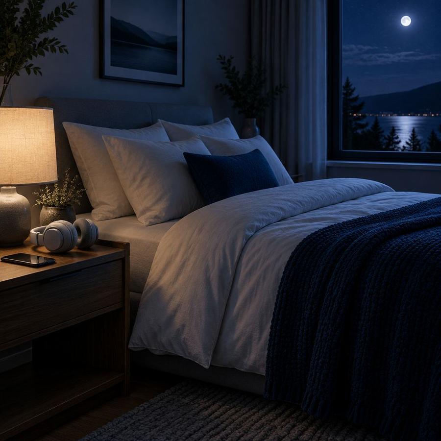 Headphones and a phone on a bedside table in a calm bedroom at night