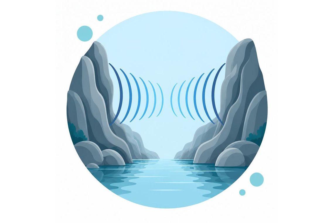 Illustration of a narrow canyon with sound waves bouncing back and forth between its walls