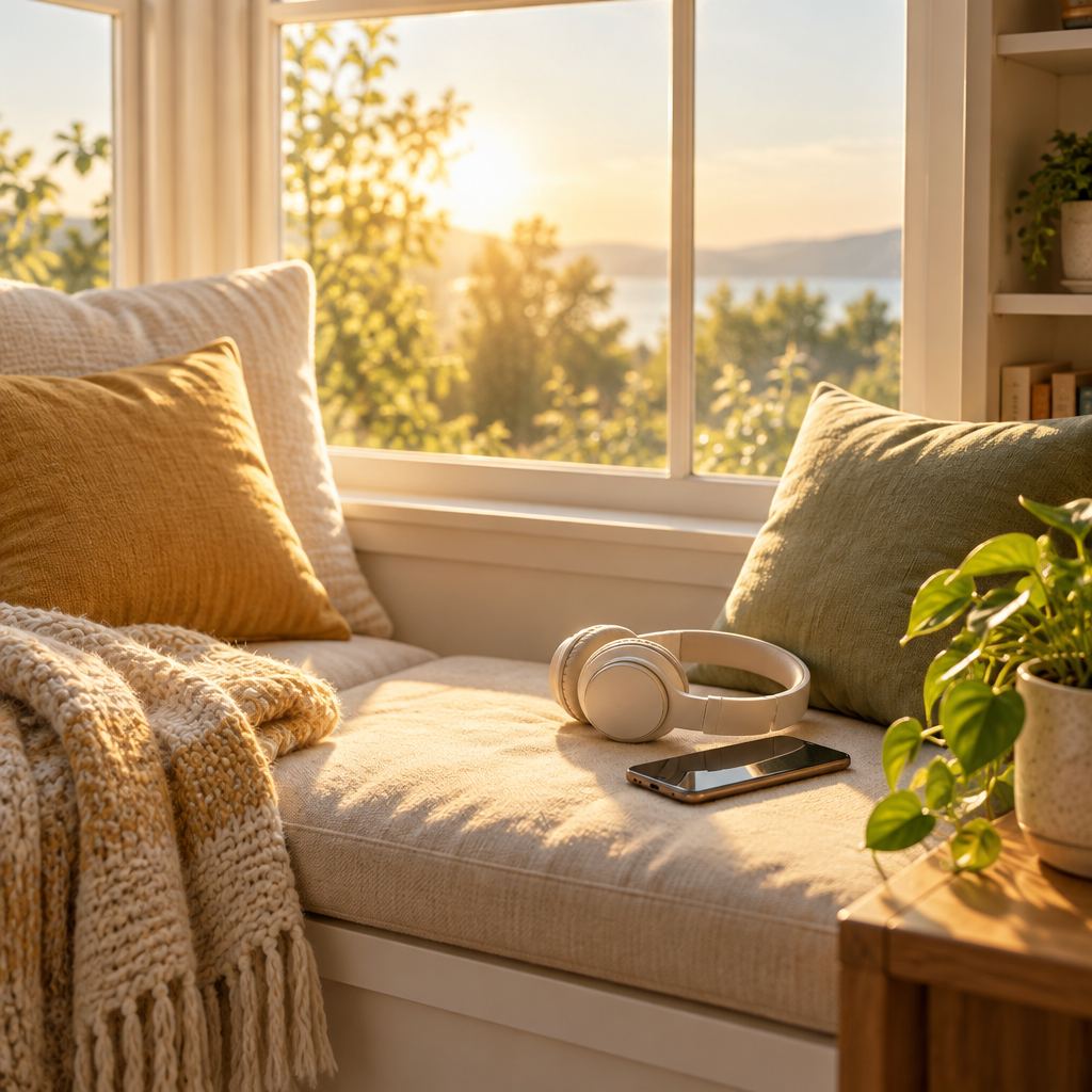 Headphones and a phone on a sunlit window seat with cushions and a plant