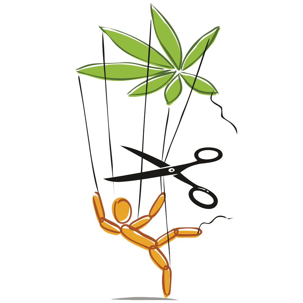 Scissors cutting the puppet strings tied to a small figure